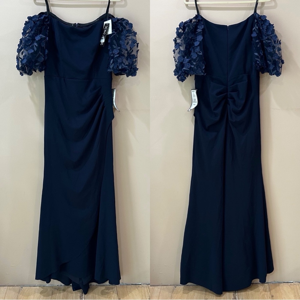 Xscape Melanie 3D Floral Sleeve Corset Crepe Gown Dress Navy Off Shoulder Sz 12